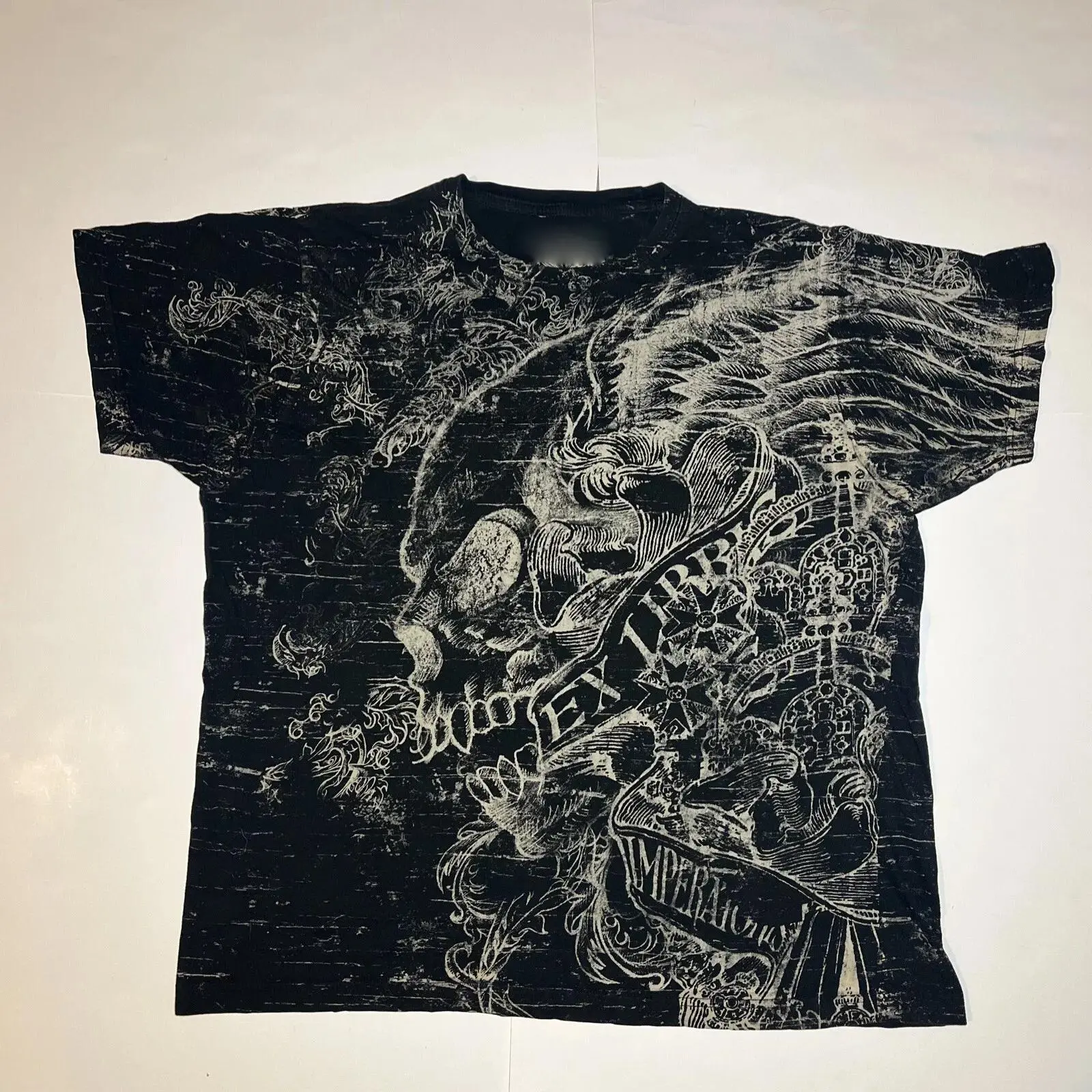 Vintage Y2K Xzavier Skull Wings Grunge All Over Print Affliction Style Shirt Crew Neck Short Sleeve Top Men Clothing Print Trendy Graphic T-shirts