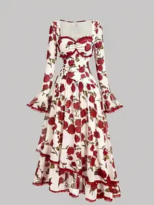 Women's Romantic Rose Print Fitted Floral Dress, Casual Party Date, Halloween Costume, Back-To-School Music Concert Wear