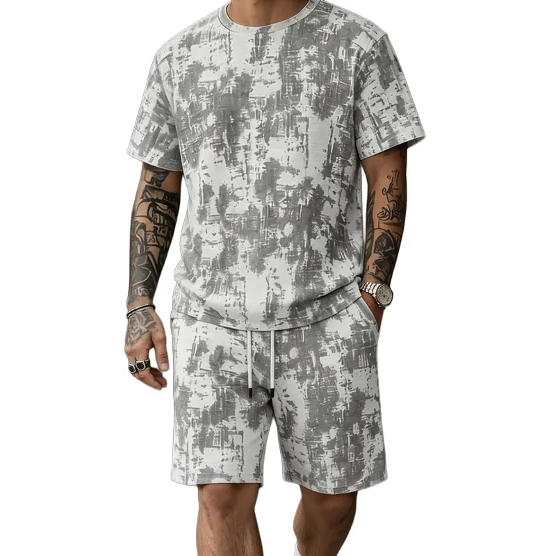 Men’s Casual 2 Piece Set, Short Sleeve Printed Top and Elastic Waist Shorts, Relaxed Summer Outfit