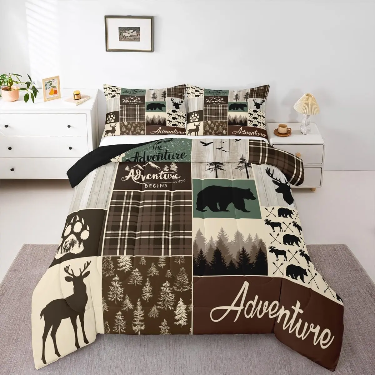 Feelyou Rustic Patchwork Microfiber Household Bedding Set - Decorative Bedsheet Sets, Lightweight Duvet, Multi-Size, Travel-Friendly, All-Seasons, Hunting Deer & Bear Motifs, Retro Cabin Vibes for Woodland Lodge Decor
