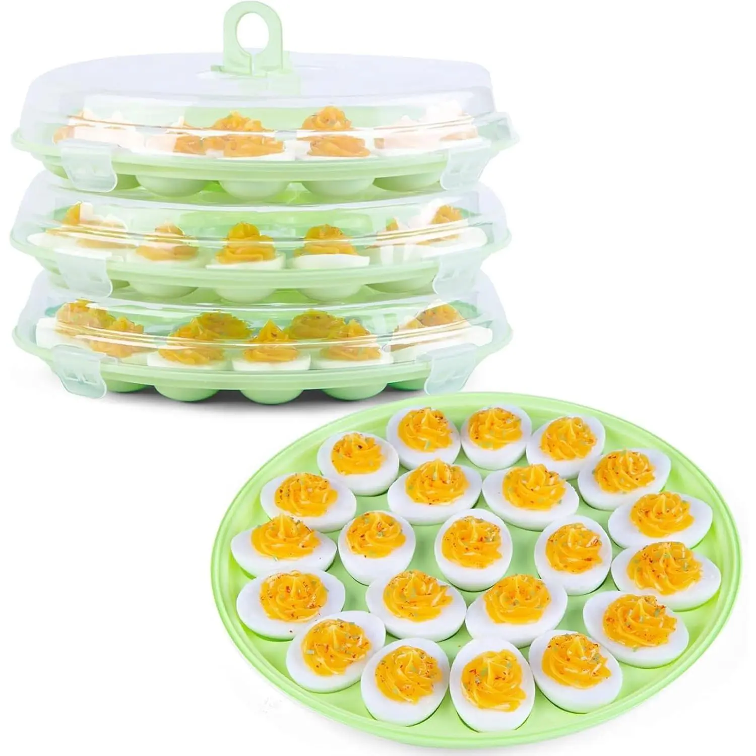 Deviled Egg Containers with Lids - 3-Count Tray Set, 66 Slots Reusable Party Food Carrier Platter for Home Kitchen Use, Green
