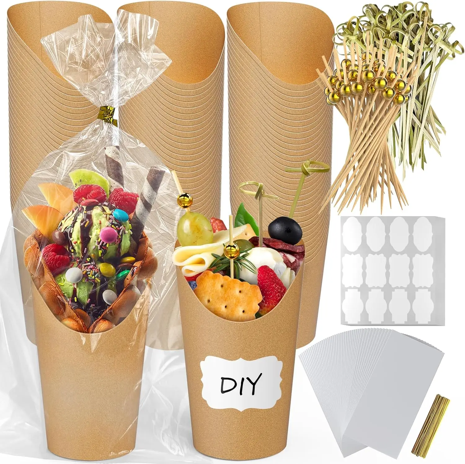 100PCS Charcuterie Cups with Sticks Bags Set, 100pcs 12 oz Individual Disposable French Fry Holder, Paper Snack Appetizer Cups Kit with 100 Bags, 100 Ties, 10 Lables, 200 Cocktail Skewers Picks