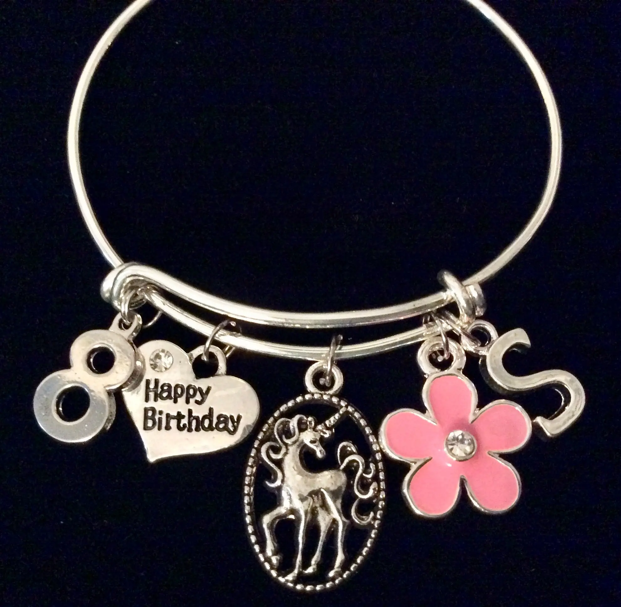 Birthday Girl 8 Years Old Adjustable Expandable Unicorn Charm Bracelet, Personalized Initial Year Charm, Other Numbers Available Upon Request