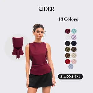 Cider Blend Boat Neckline Solid Bowknot Tank Top, Stretch Fit Sleeveless Blouse, Ladies Lightweight Bow Detail Tops, Urban Chic Summer Fashion, Casual Stretch-Waist Summer Tops SummerFinds