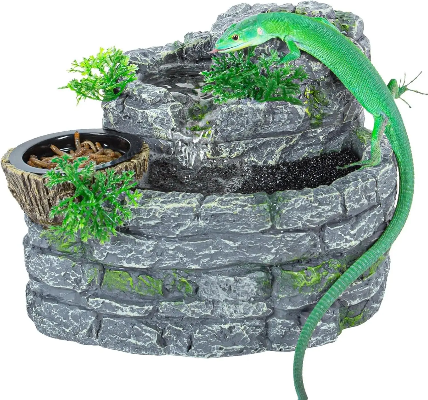 Reptile Water Fountain with Food Dish – 550ML Waterfall Dispenser for Lizard, Gecko, Turtle, Frog, Chameleon