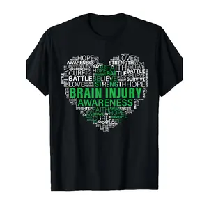 Men's Wear Brain Injury Awareness T-Shirt - Fighting Hope Support Strong Warrior with Brain Word Cloud & Ribbon Symbol - Unisex 220gsm Heavy Cotton Tee for Traumatic Brain Injury Survivors, Supporters, Advocates (Black/Green)