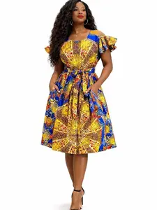 Women’s African Print Flare Dress – Blue & Gold Ankara Midi Dress,  Party Dress