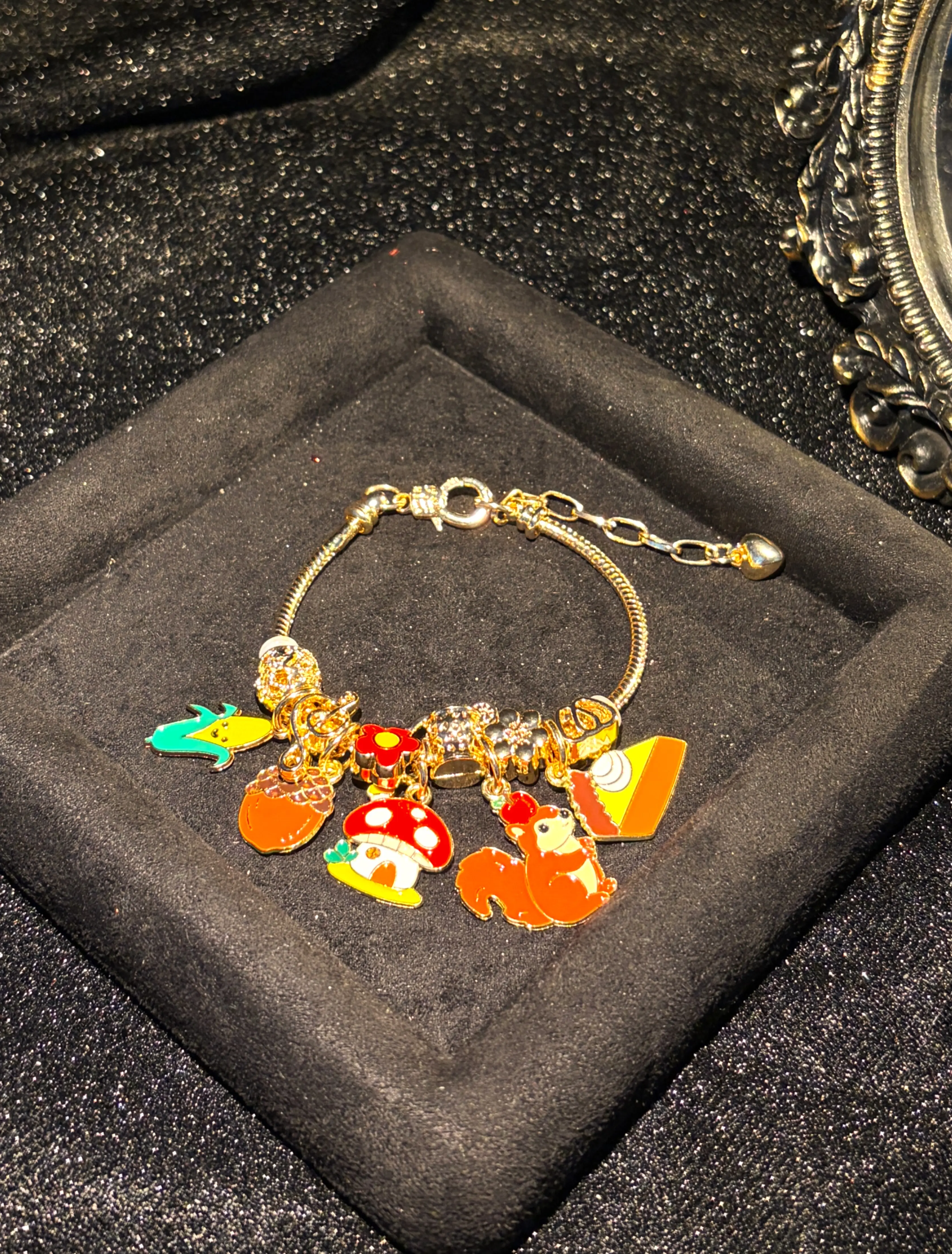 Women's Gold‑Tone Charm Bracelet, Cute Squirrel Mushroom Cake Flower Enamel Charms, Fun Whimsical Statement Jewelry for Daily Wear