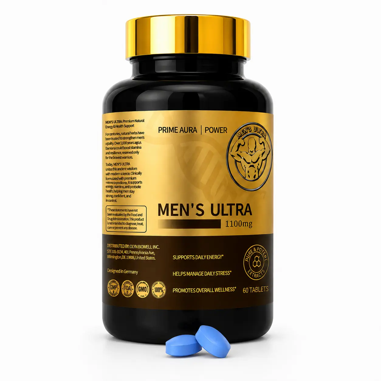 Prime Aura MEN'S ULTRA Men's Max Multivitamin | Plant-Based Nutrients | Natural Vitamins & Minerals | Daily Men's Supplement | With Damiana | Non-GMO, Gluten Free | 60 Capsules