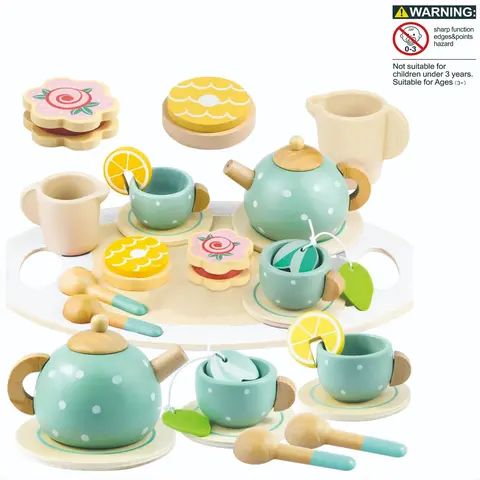 Wooden Tea Set Toy, Pretend Play Tea Pot & Cup & Food Toy, Kitchen Accessories, Toddler Play Kitchen, Pretend Play Toy for Girls & Boys, Toddler Playset, Pretend Play Item