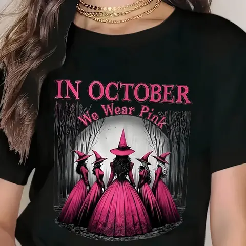 Women's Gothic Witch T-Shirt - Pink & Black Suitable for Halloween Costumes with Witches' Hats & Bats Print, Crew Neck Casual Tee for October Parties, Themed Outfits, Machine Washable Witch Design