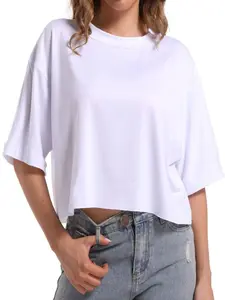 Women's Comfy Basic Workout Gym Short Sleeve Crop Tops Casual Loose Oversized T-Shirts Round Neck Dropped Shoulders Breathable Fabric