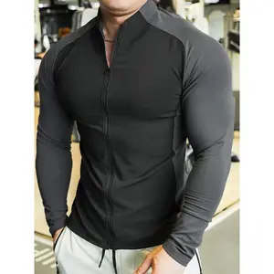 Men's Colorblock Zip Up Half Placket Thumb Hole Design Sports Tee, Athletic Workout Clothing, Regular Fit Casual Long Sleeve T-shirt for Gym Workout, Men's Top for Spring & Fall