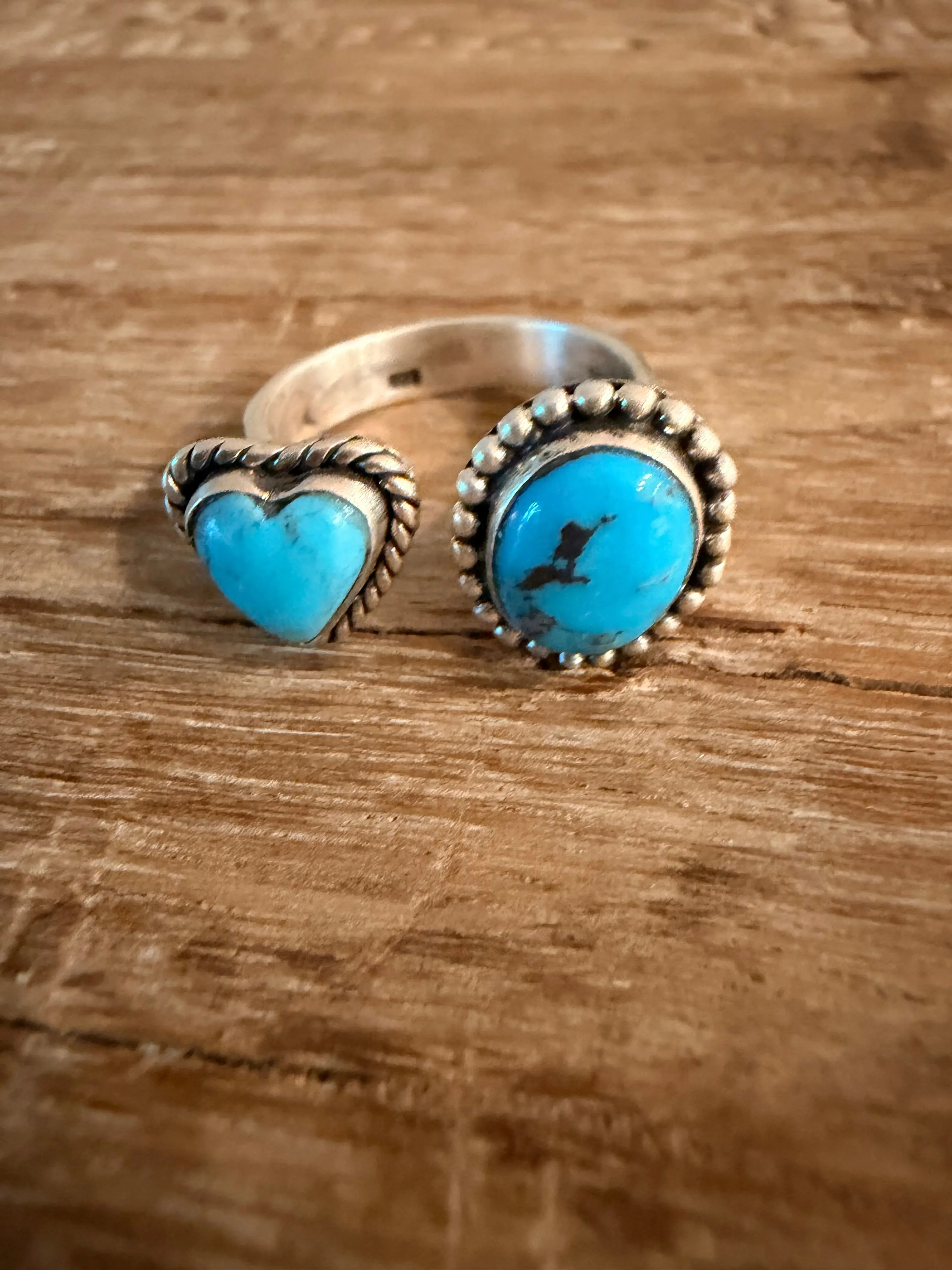 Bright Blue Kingman TurquoiseFloater Heart and Oval Stone Ring