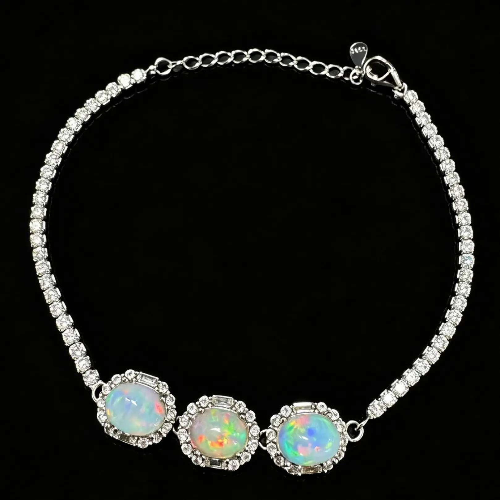 Women's 925 Sterling Silver Oval Natural Opal Tennis Bracelet - Lightweight, Halo Cubic Zirconia, Adjustable Extender Chain (21.5cm), Ideal for Daily & Special Occasion Wear, Boosts Creativity in Crystal Healing