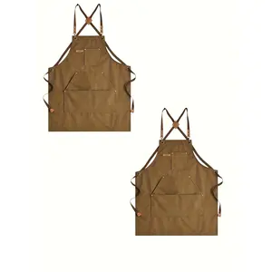 2-Pack Cross-Back Aprons - Made of 16-ounce heavy-duty canvas, featuring 5 practical pockets, suitable for kitchen, gardening, workshops, baristas, and waiters - Unisex design in black and brown, available at an exclusive discount!