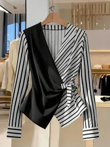 Women's and Striped Patchwork Shirt, Spring Fall New Arrival, V Neck Waist Tie Design, Long Sleeve Office Wear Top 8321