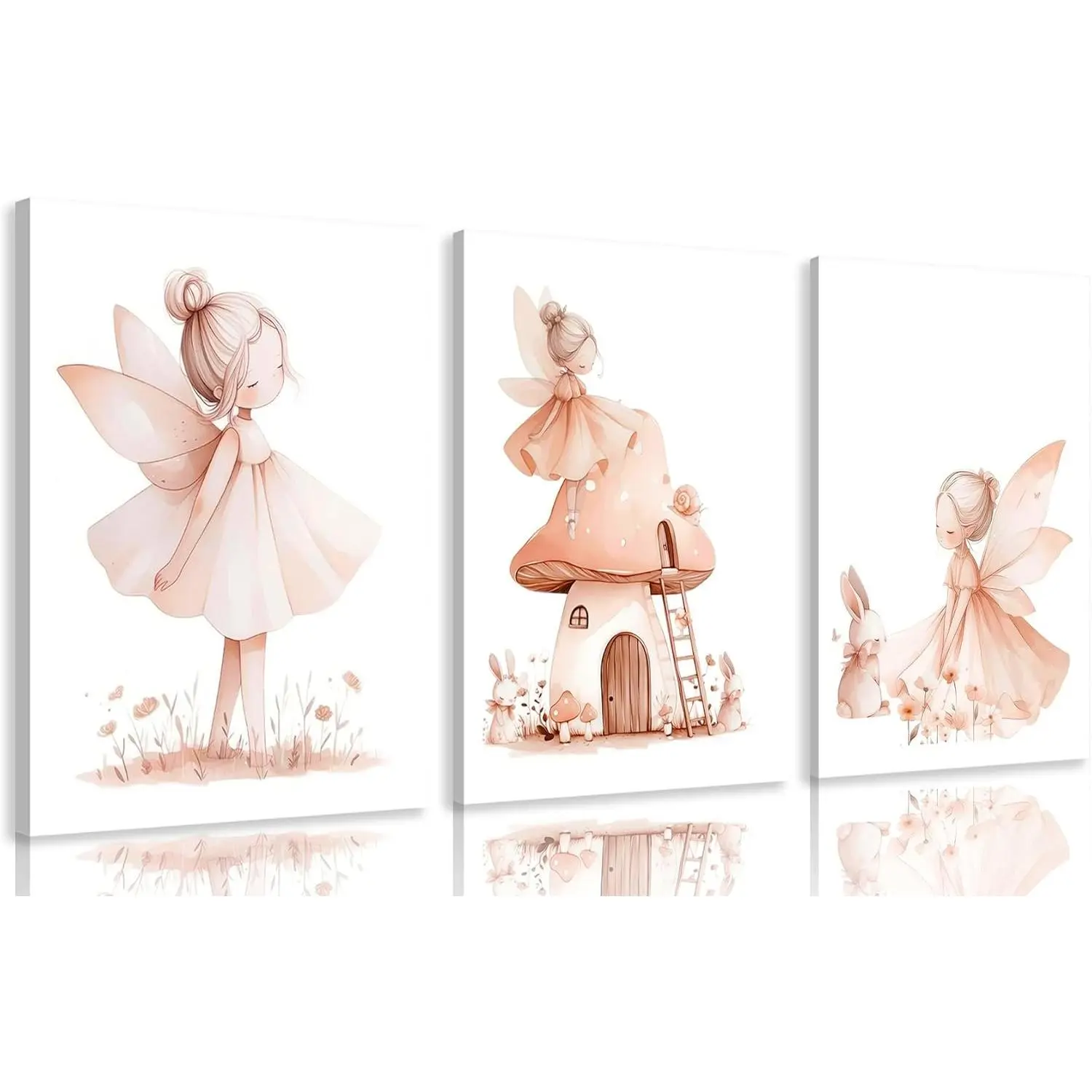 3 Pcs Pink Wildflower Fairy Canvas Wall Art Prints - Wood-Framed Preppy Decor, Cute Posters for Kids Room, Baby Girl Nursery Home Decoration, Print, Artistic