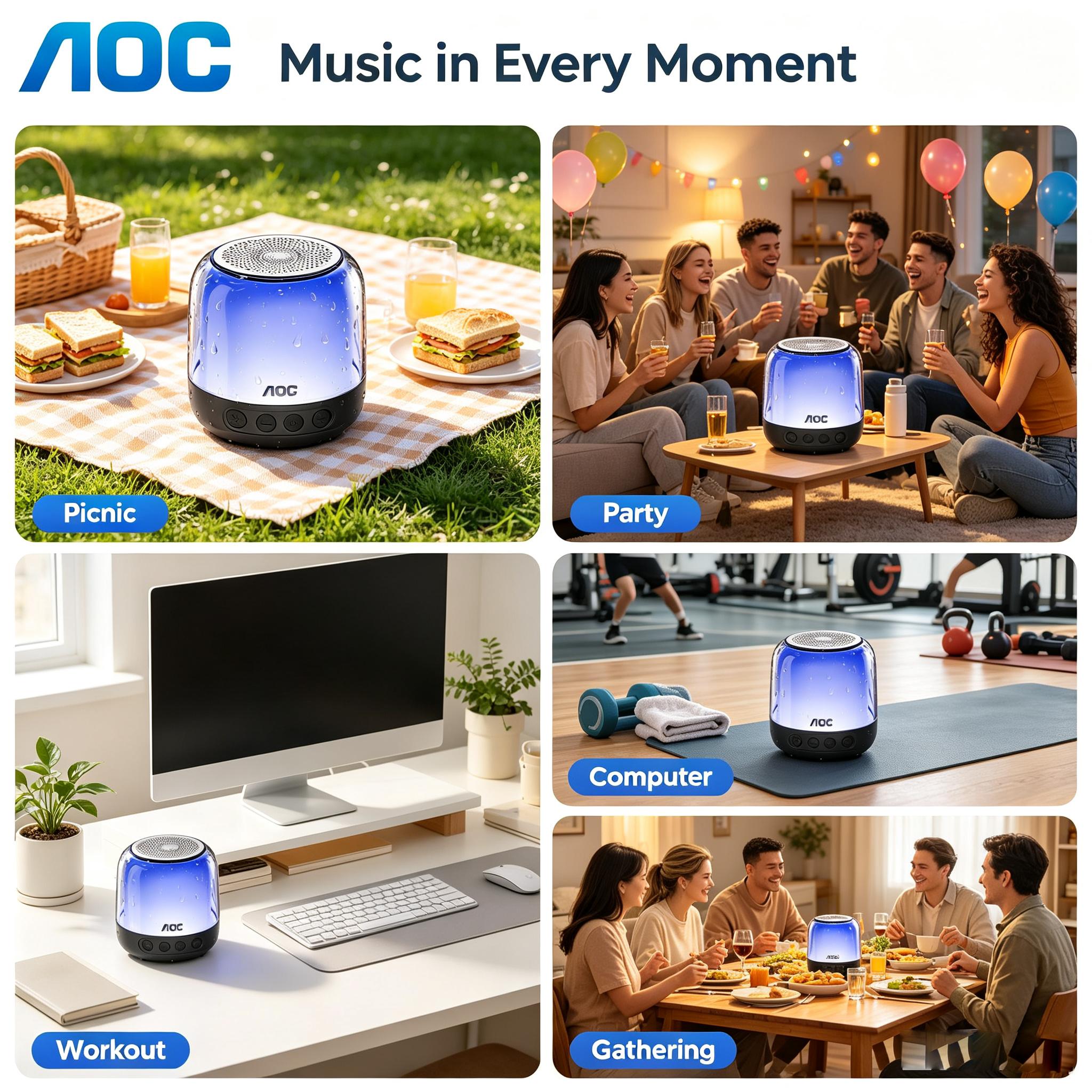 AOC Portable Bluetooth Speaker RGB Lighting, IPX5 Waterproof & 12H Battery Life