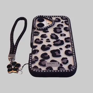 Floral Lanyard Leopard Print Diamond-Studded iPhone Case - Shiny Diamond-Edged Shockproof Protective Cover, Compatible with iPhone 17/16/15/14/13/12 Pro Max, Double-Sided Fashionable Diamond-Studded, Shockproof Protective Case