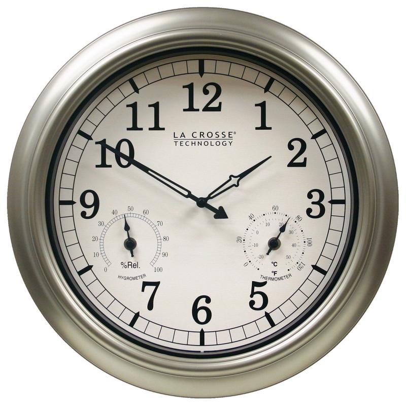 La Crosse 18 in. Large Round Plastic Quartz Oversized Analog Wall Clock - Weatherproof, Durable, Metallic Finish, Humidity & Temperature Display, Basic Decorative Indoor/Outdoor Clock for Home/Office