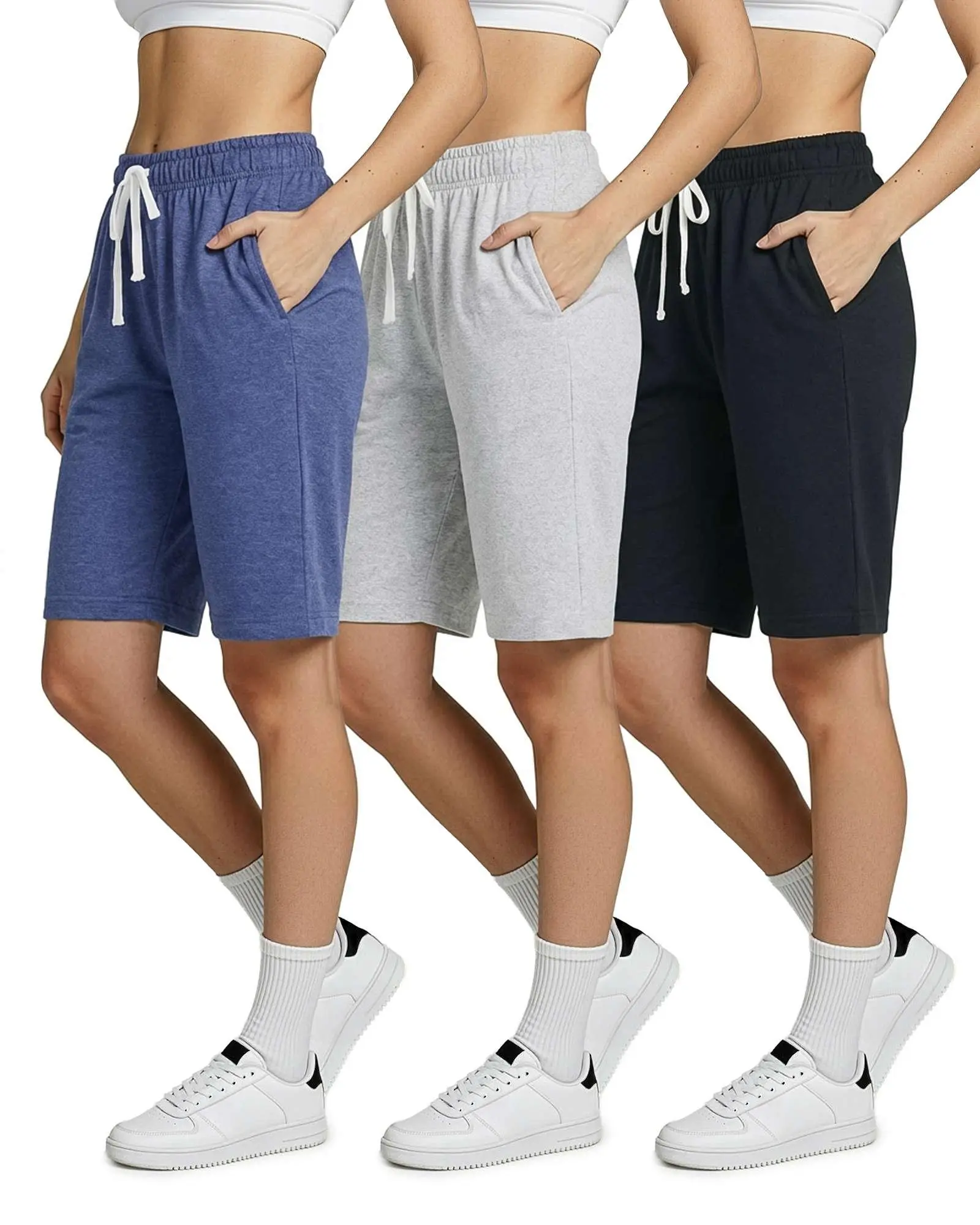 3 Pack Women's 9" French Terry Bermuda Shorts Athletic Lounge Yoga Pockets
