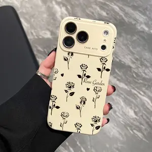 Retro Black Rose Pattern Dopamine Ins Style Solid Color Phone Case with Ultra Skin friendly Touch, All Inclusive Lens Phone Case Suitable for iPhone 17 Pro Max Phone Case 17Air 17 16E 16 15Plus 15 Pro Max 14 13 12 Phone Cases