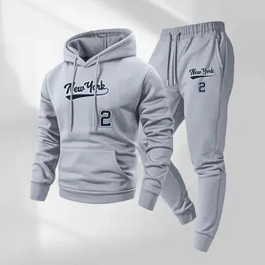 Men's New York Letter Print Hooded Drawstring Sweatpants Set Casual Two-Piece Tracksuit for Autumn Winter Soft Breathable 100% Polyester Loose Fit Sportswear