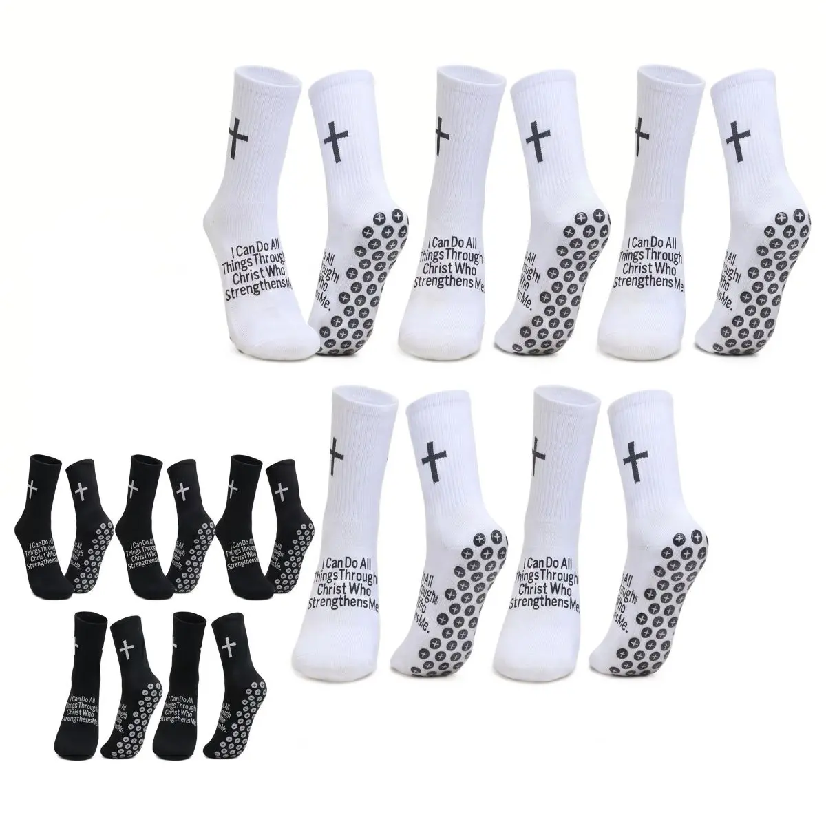 Men's & Women's 10 Pairs Stretchable Christian Bible Verse Cross Grip Crew Socks - Elastic, Non-Slip, Breathable Cotton, Moisture-Wicking, Machine Washable, 1-Size-Fits-All (US 6-13) for Soccer, Yoga, Crewsocks, Elastic Socks