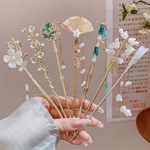 Women's Elegant Chinese-Style Goddess Hair Clip Set, Enameled Flower Tassel Hairpins with Beads, Alloy Fashion Hair Accessories