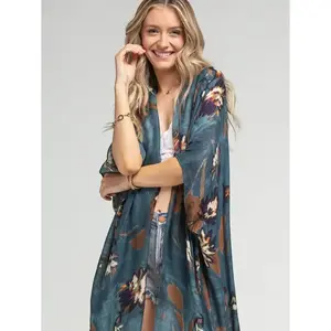 Women’s teal floral tie-dye kimono beach cover-up—lightweight, versatile long cardigan/cardigan-style robe suitable for various occasions; a casual choice that makes a great gift for best friends and birthday gifts for her.