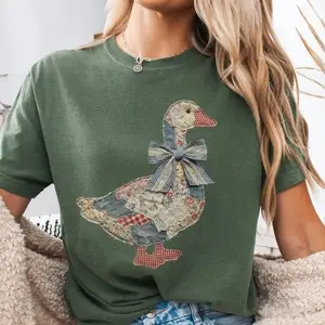 ( FAUX PATCHWORK-PRINT ) Comfort Colors Faux Patchwork Grandmacore Goose Shirt for Women (Printed, Not Embroidered), Coquette Easter Duck Crewneck, Trendy Spring Graphic, Easter Gift - TrendWear USA