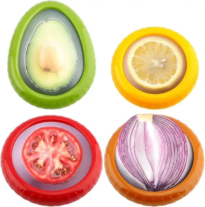 4-Piece Reusable Kitchen Produce Storage Containers with Airtight Lid, Plastic Food Storage for Avocados, Tomatoes, Garlic & More, Storage Container Lid