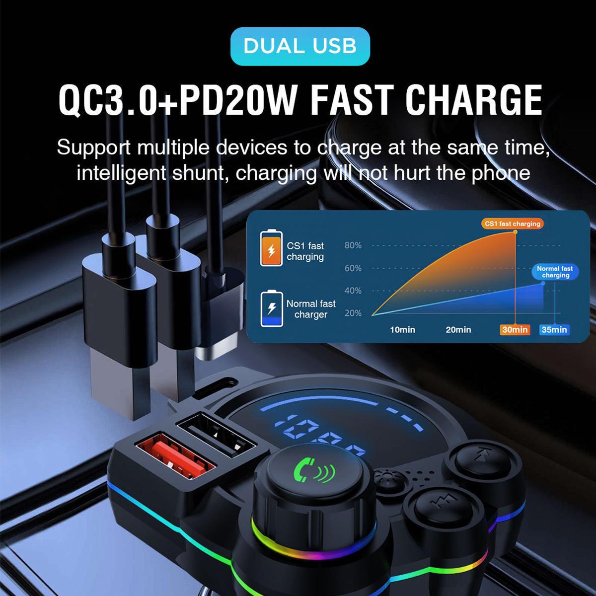 Car Bluetooth 5.3 FM Transmitter PD20W QC3.0 Fast Charger Lossless Audio MP3 Player with RGB Ambient Light