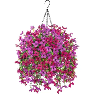 Artificial Hanging   with Basket for Outdoors, Realistic Faux Silk Daisy Flower Eucalyptus for Spring Decor, UV Resistant   for Porch Patio Yard Balcony, Purple Violet