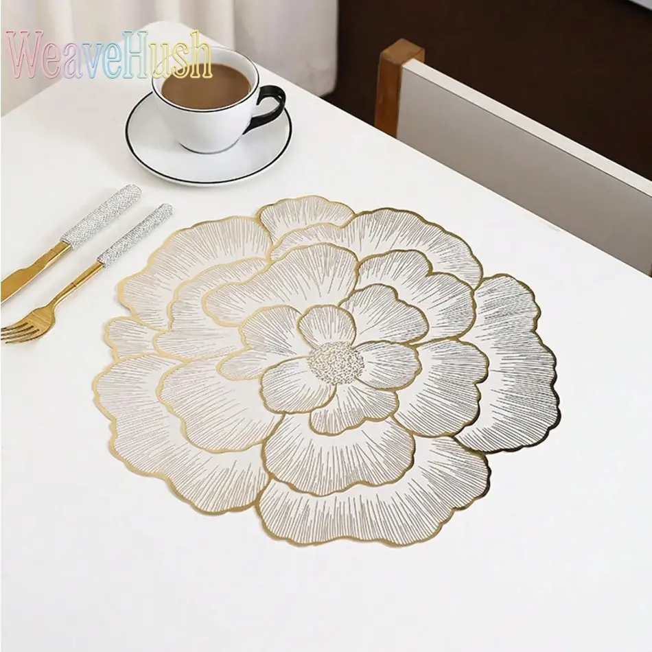 Romantic Floral Pattern PVC Tableware Placemats, 2-Piece Set - Heat-Resistant, Non-Slip, Waterproof, Gold Trim Mats for Home Formal Gatherings, Ideal Valentine's Day Gift for Luxurious Romantic Atmosphere