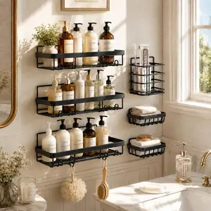 SummerVibes PHANCIR 6 PCS Shower Caddy, No Drilling Bathroom Organizer with Soap Holder, Adhesive Bathroom Caddy, Black Installation Square Transparent Stainless
