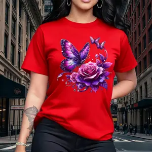 100% Cotton Purple Rose Butterfly Pattern Printed T-shirt, Short Sleeve Round Neck Casual Top Summer Spring, Women's Birthday Gift Holiday Gift
