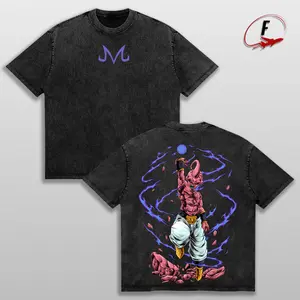 Men's Vintage Washed Majin Buu Graphic Shortsleeve Shirt - Classic Round Neck Heavy Cotton Baggy Oversized Anime Streetwear Sports Top, Retro Manga Pump Cover Dragon-Inspired Clothes