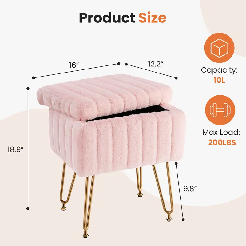 Vanity Stool Chair with Storage, Ottoman Faux Fur Soft Padded Makeup Footstools Seat with 4 Metal Legs Anti-Slip Adjustable Feet Vanity Stool Chair with Storage, Ottoman Faux Fur Soft Padded Makeup Footstools Seat with 4 Metal Legs Anti-Slip Adjustable Feet