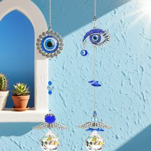 15 in Natural Gems Healing Crystals Hanging Ornament, 2-Piece Random Blue Eye Sun Catcher, Rubber Window Wall Car Home Decoration for Meditation