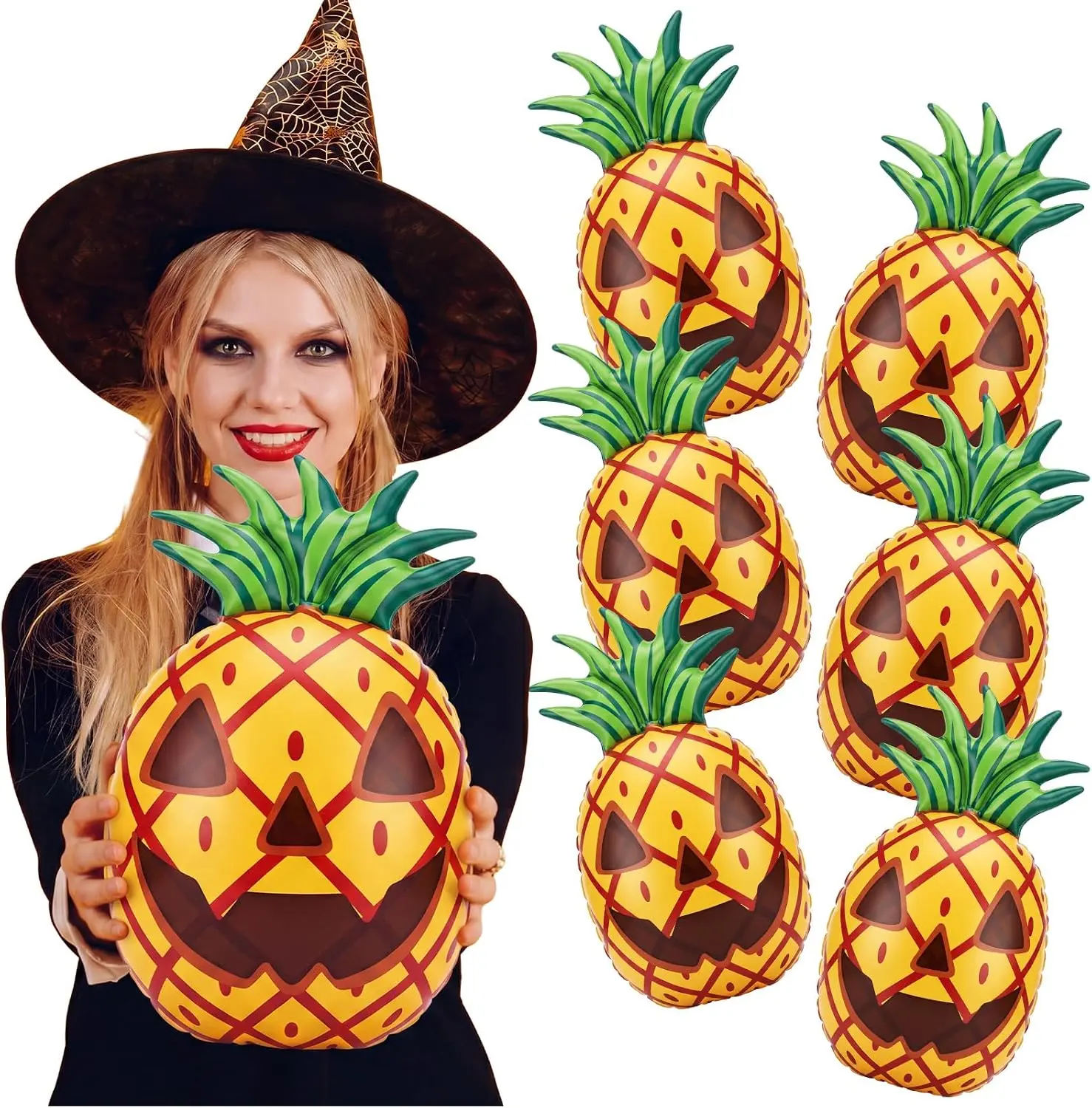 Jenaai 6 Pcs Summer Halloween Inflatable Decorations Spooky Pineapple Jack-o-lantern Beach Ball Bulk Halloween Swimming Pool PVC Pineapple Beach Balls for Home Haunt House Festival Pool Party Decorspooky season decor, spooky yard decor, halloween yard dec