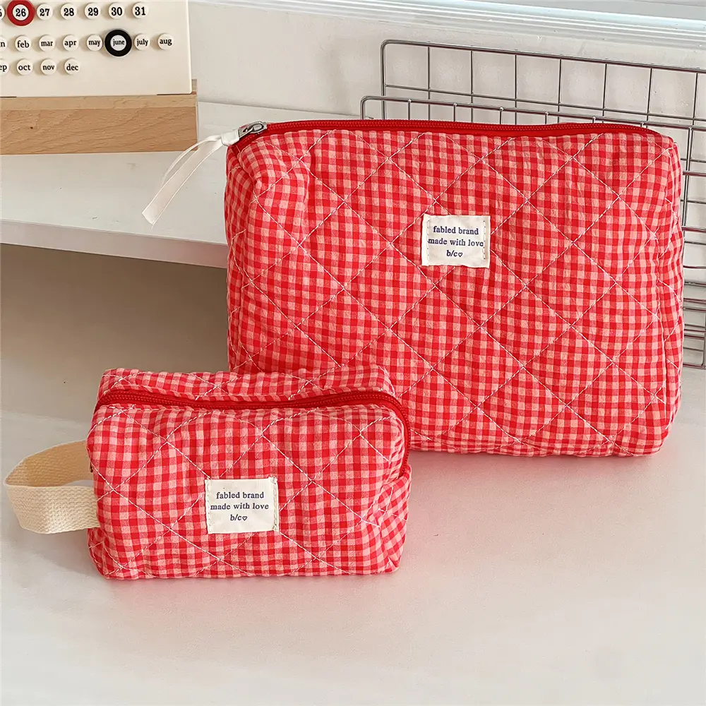 Red Gingham Quilted Makeup Bag Set Cute Checkered Cosmetic Travel Pouches for Women