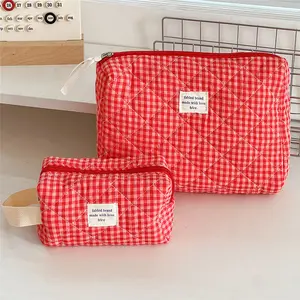 Red Gingham Quilted Makeup Bag Set Cute Checkered Cosmetic Travel Pouches for Women