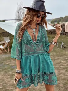 Women's Floral Embroidery Hollow Out Contrast Lace Sheer Dress, Boho Deep V Neck 3/4 Sleeve Midi Swimsuit Cover Up for Beach Holiday Vacation, Ladies Summer Clothes