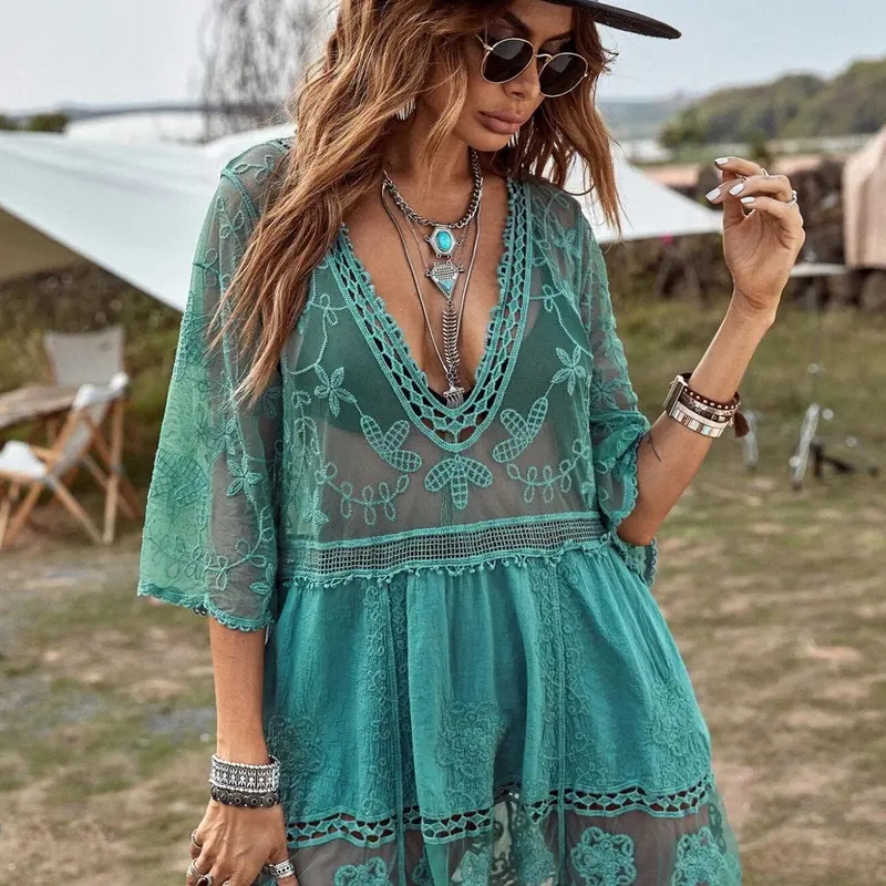 Women's Floral Embroidery Hollow Out Contrast Lace Sheer Cover Up Dress, Boho Deep V Neck 3/4 Sleeve Short Cover Up Dress for Holiday, Ladies Summer Clothes, Beach Cover Ups