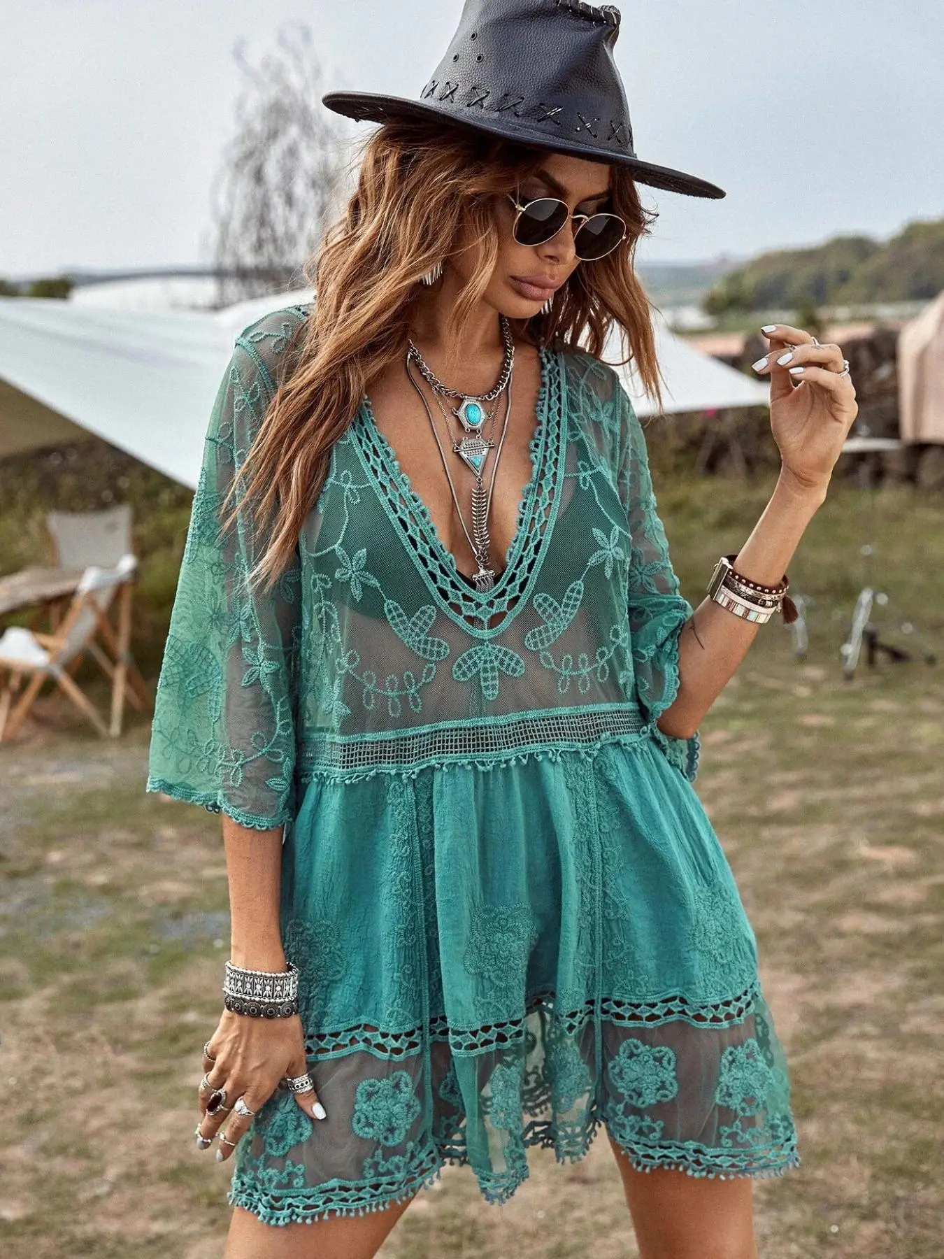 Women's Floral Embroidery Hollow Out Contrast Lace Sheer Cover Up Dress, Boho Deep V Neck 3/4 Sleeve Midi Cover Up for Beach Holiday Vacation, Ladies
