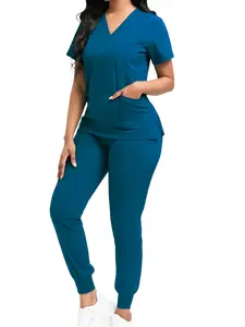 Women Scrub Suit Set Modern V neck T shirt Tapered Leg Jogger Pants Drawstring 2pcs Nursing Uniform for Pet Hospitals Dental Clinics Nursing Work