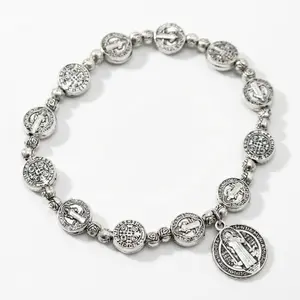 Unisex Saint St Benedict Medal Titanium Steel Beads Rosary Bracelet - Vintage-Tone Stretch Cord Religious Fashion Accessory for Daily Wear