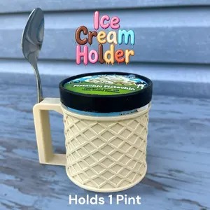 D7customz Ice Cream Holder with Handle Waffle Cone Design Holds 1 Pint Includes Free Lip Balm Perfect for Ice Cream Lovers 3D Printed Durable Plastic Comfortable Grip Built-in Spoon Holder
